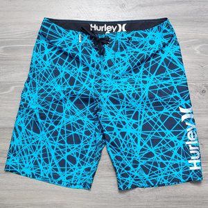 Excellent Used Condition Men's HURLEY Board Shorts Black and Blue Design Size 34